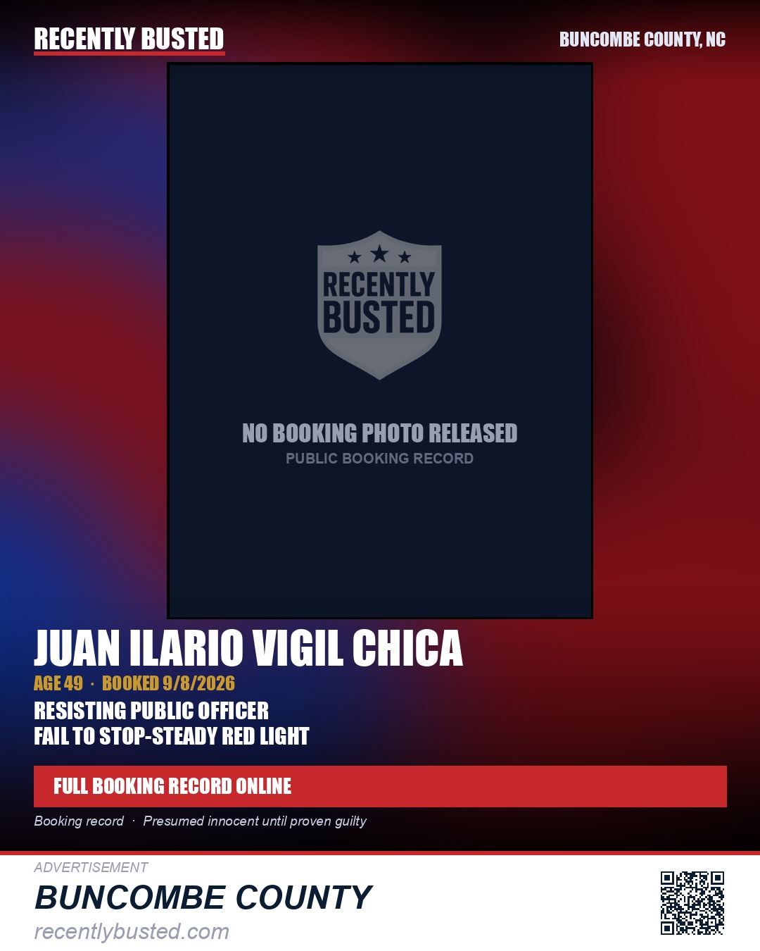 JUAN ILARIO VIGIL CHICA — arrest record card, Buncombe County, North Carolina