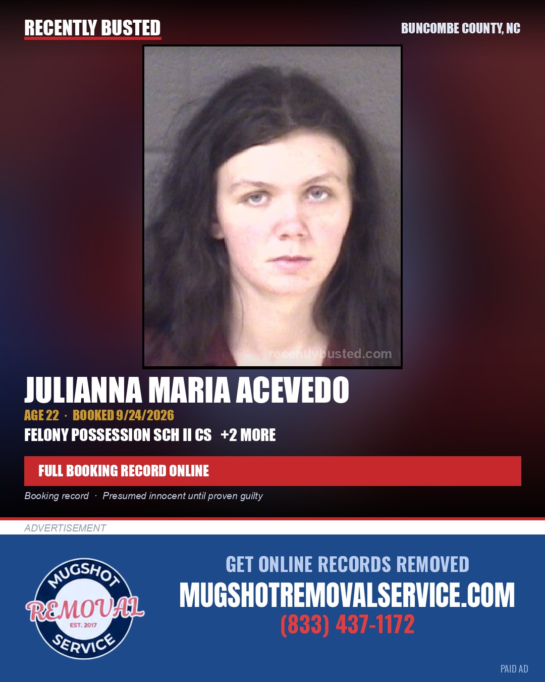 JULIANNA MARIA ACEVEDO — arrest record card, Buncombe County, North Carolina