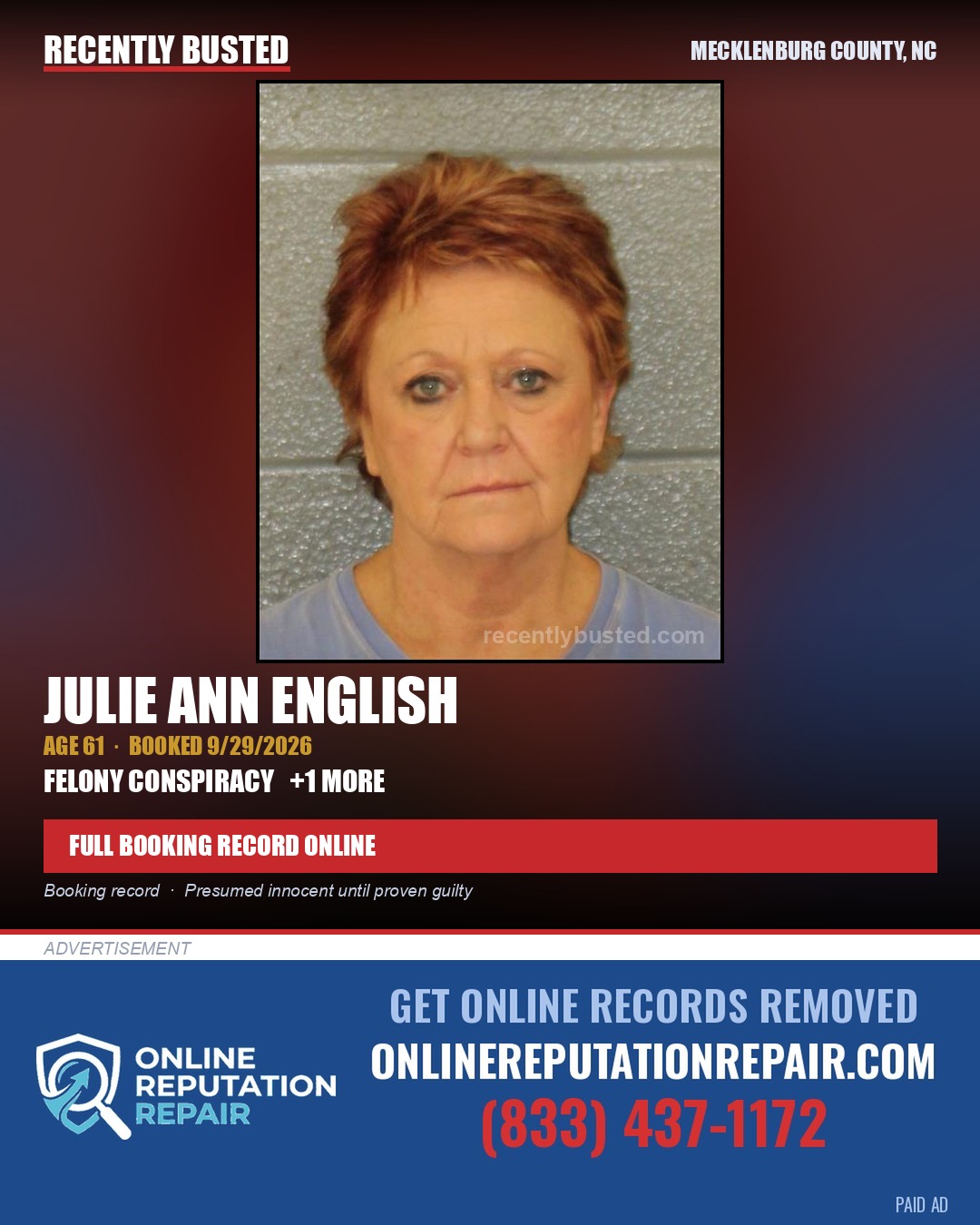 JULIE ANN ENGLISH — arrest record card, Mecklenburg County, North Carolina