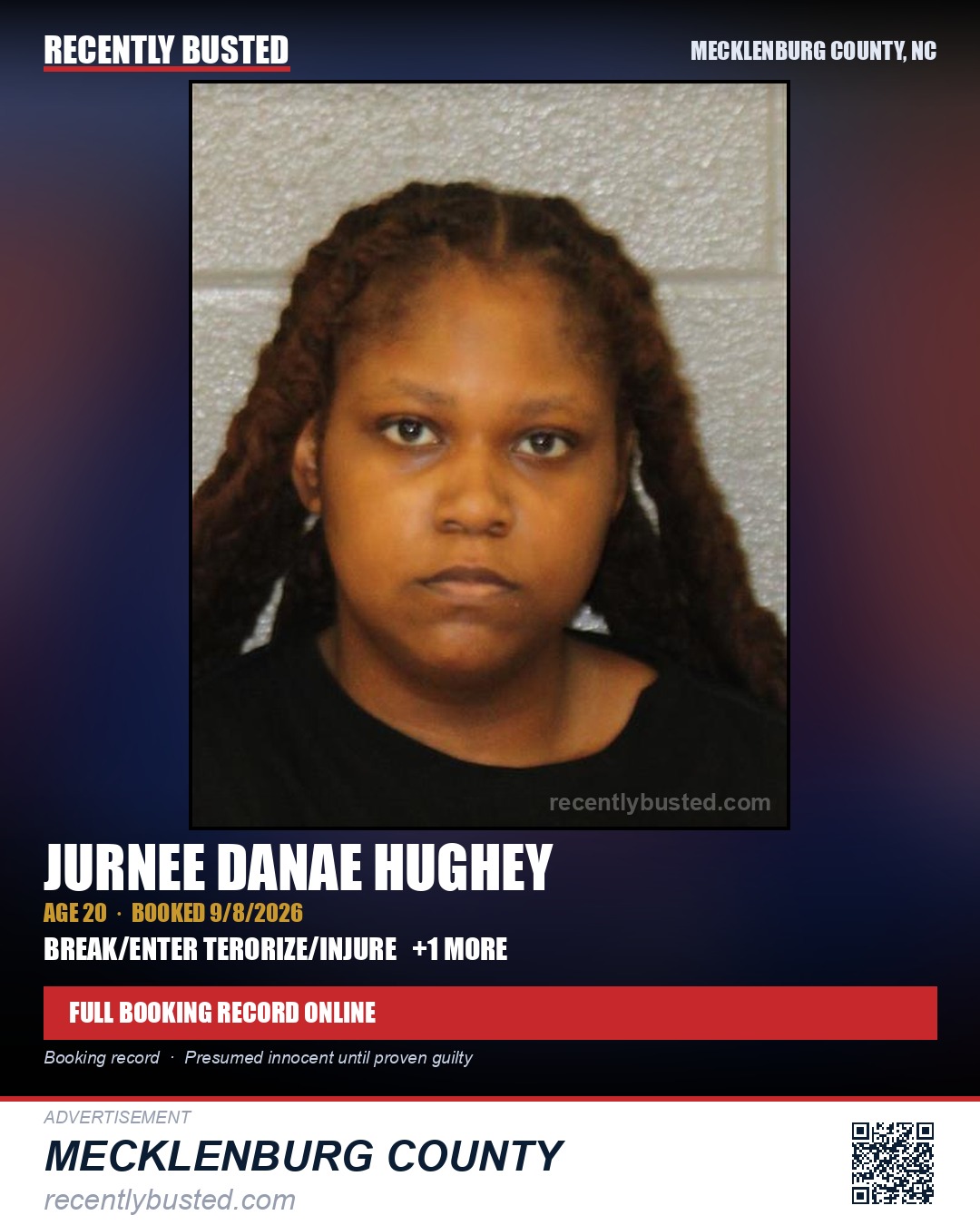 JURNEE DANAE HUGHEY — arrest record card, Mecklenburg County, North Carolina