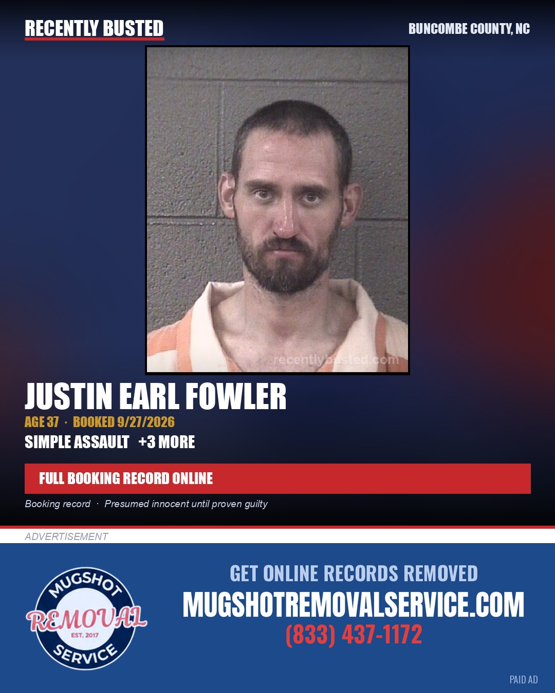 JUSTIN EARL FOWLER — arrest record card, Buncombe County, North Carolina