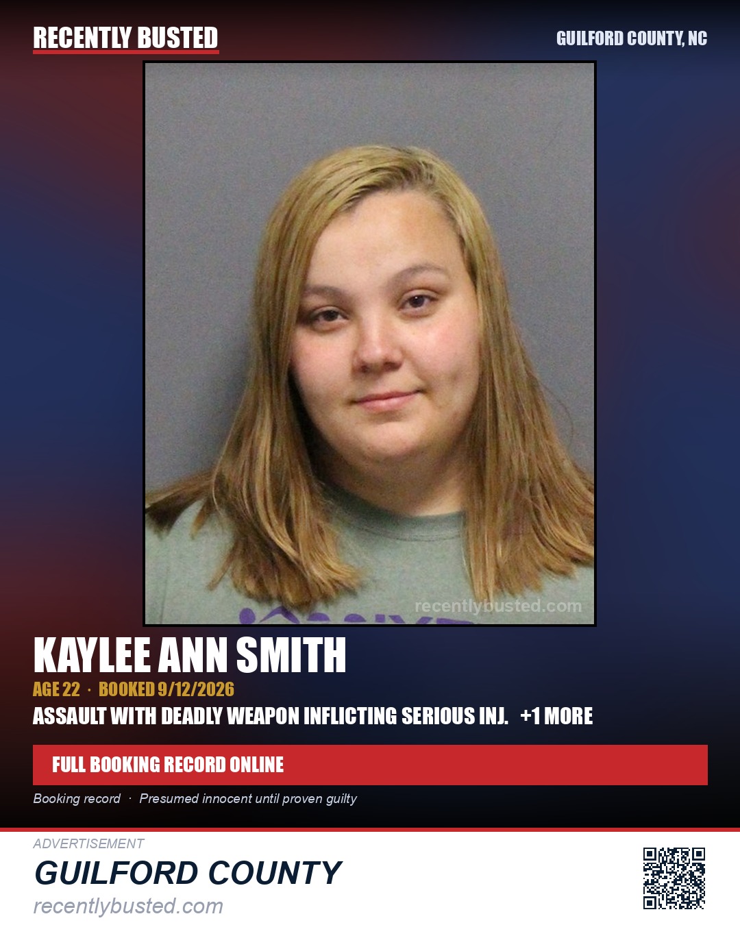 KAYLEE ANN SMITH — arrest record card, Guilford County, North Carolina