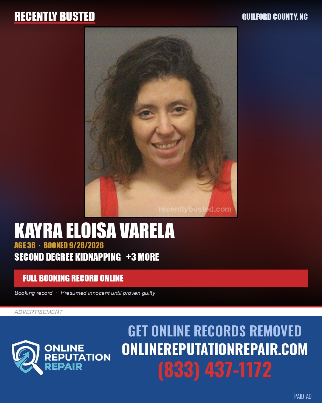 KAYRA ELOISA VARELA — arrest record card, Guilford County, North Carolina