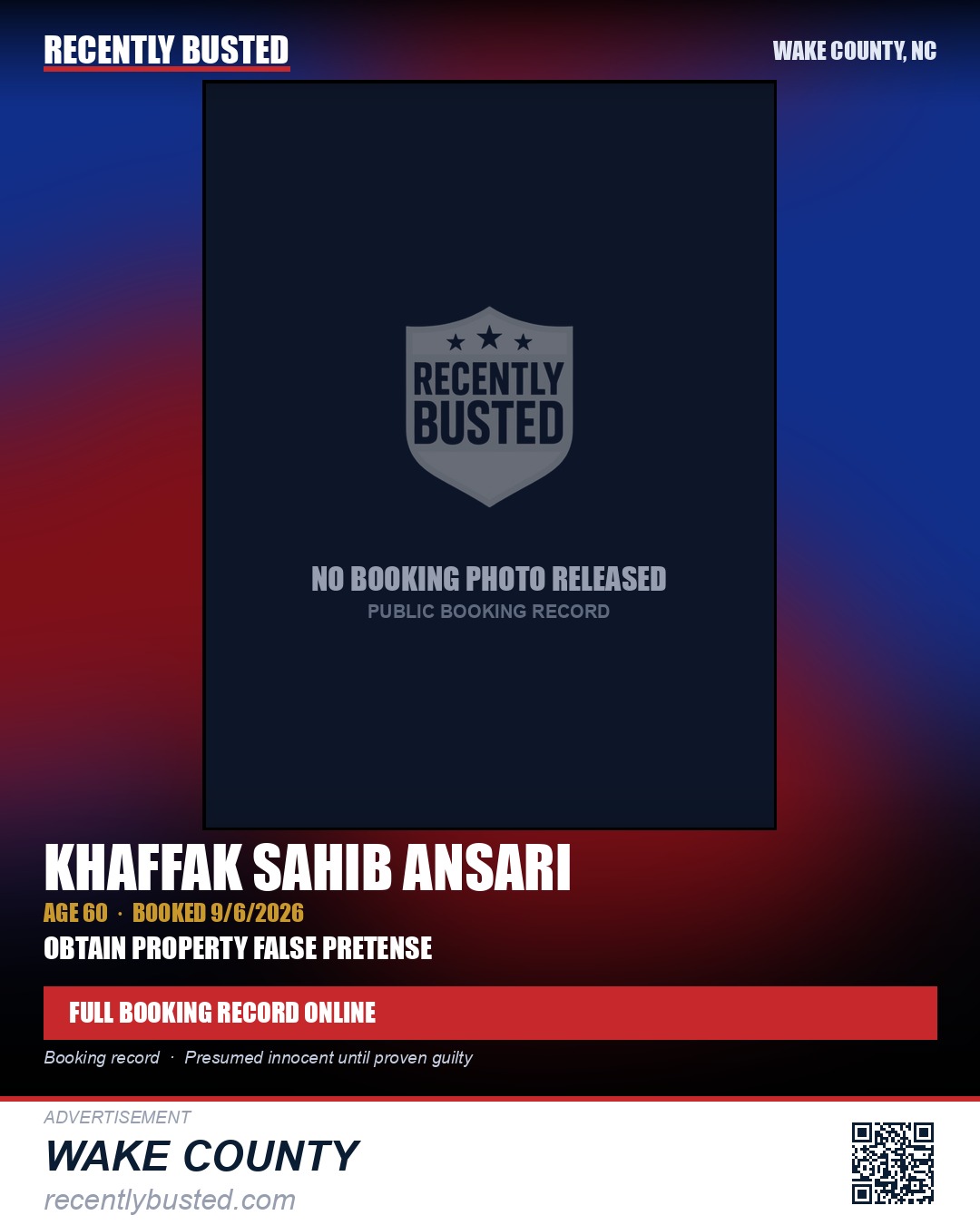 KHAFFAK SAHIB ANSARI — arrest record card, Wake County, North Carolina