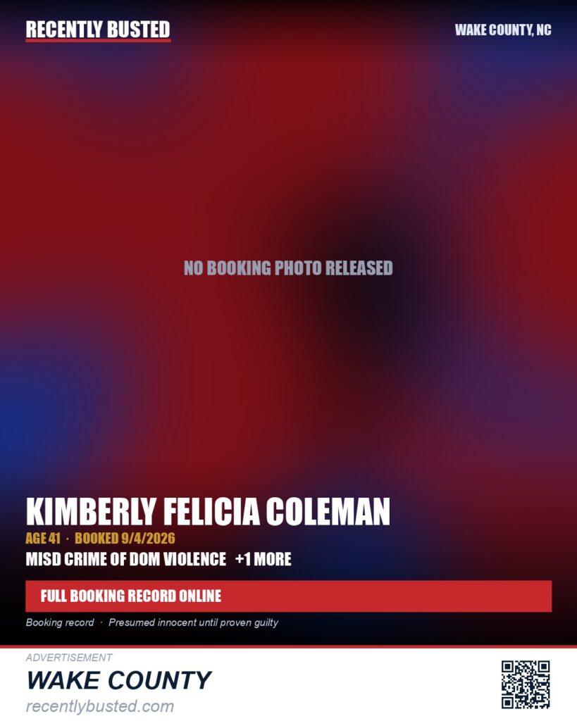 KIMBERLY FELICIA COLEMAN — arrest record card, Wake County, North Carolina
