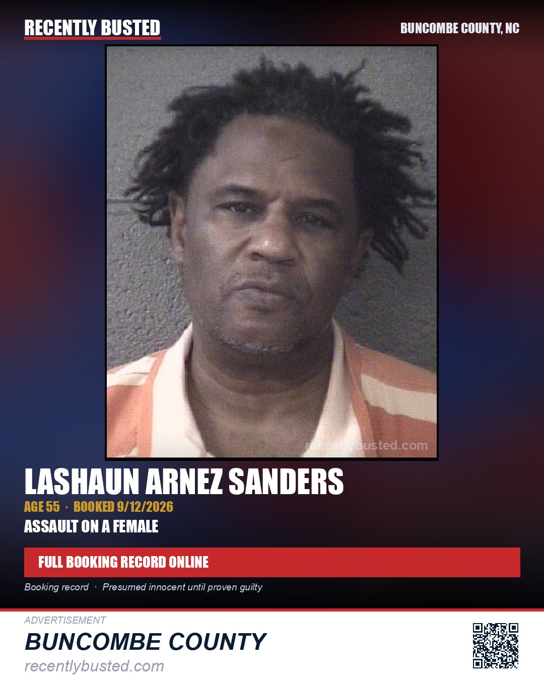 LASHAUN ARNEZ SANDERS — arrest record card, Buncombe County, North Carolina