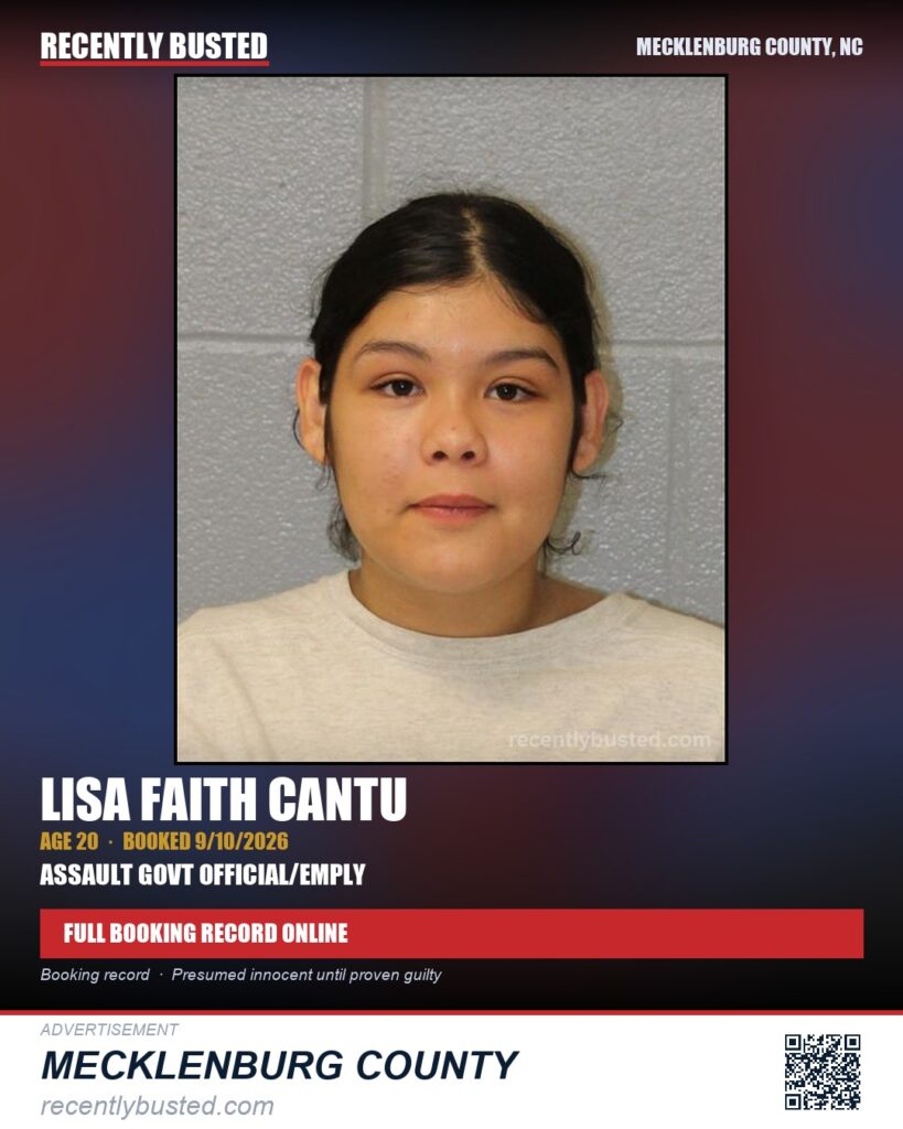 LISA FAITH CANTU — arrest record card, Mecklenburg County, North Carolina