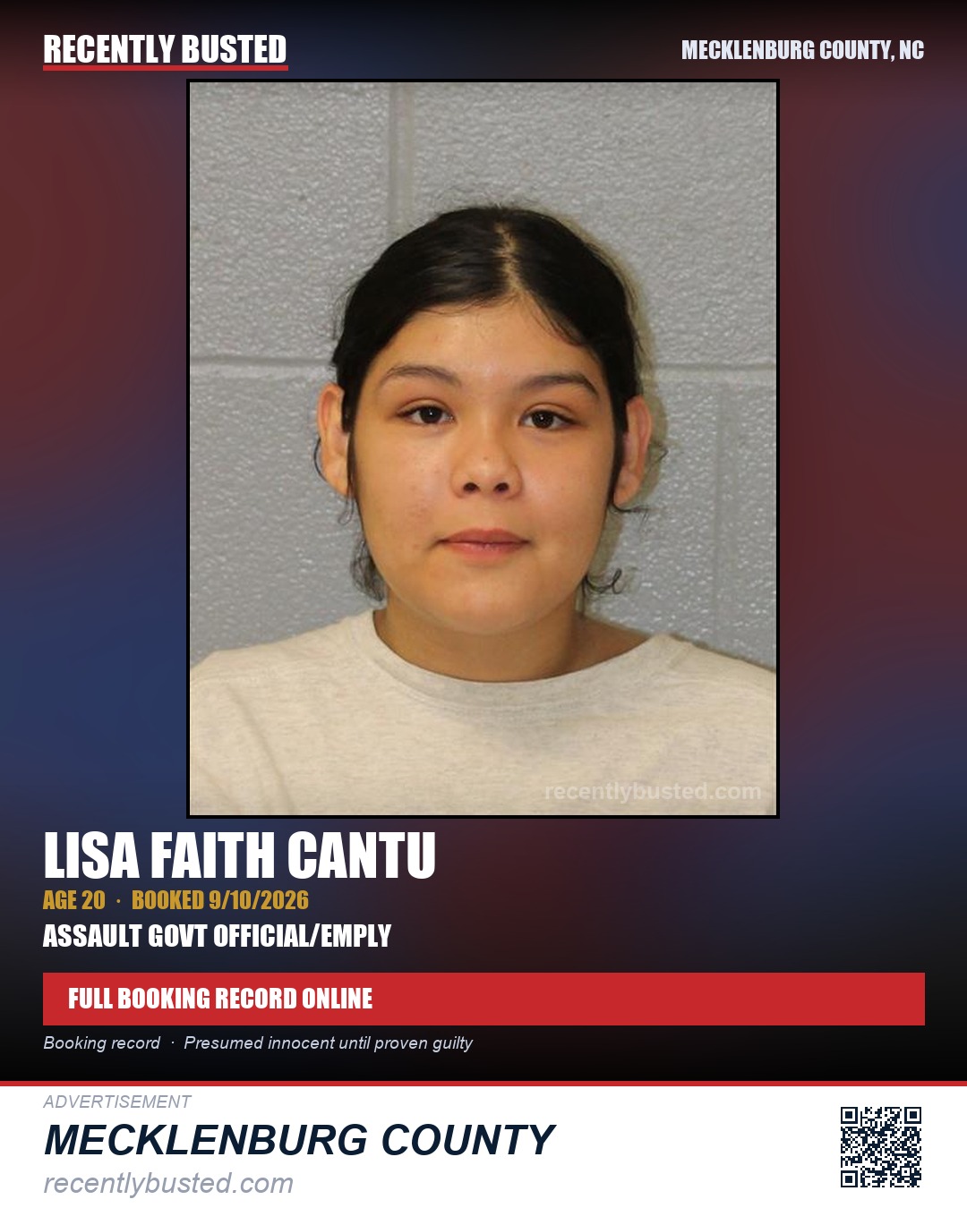 LISA FAITH CANTU — arrest record card, Mecklenburg County, North Carolina