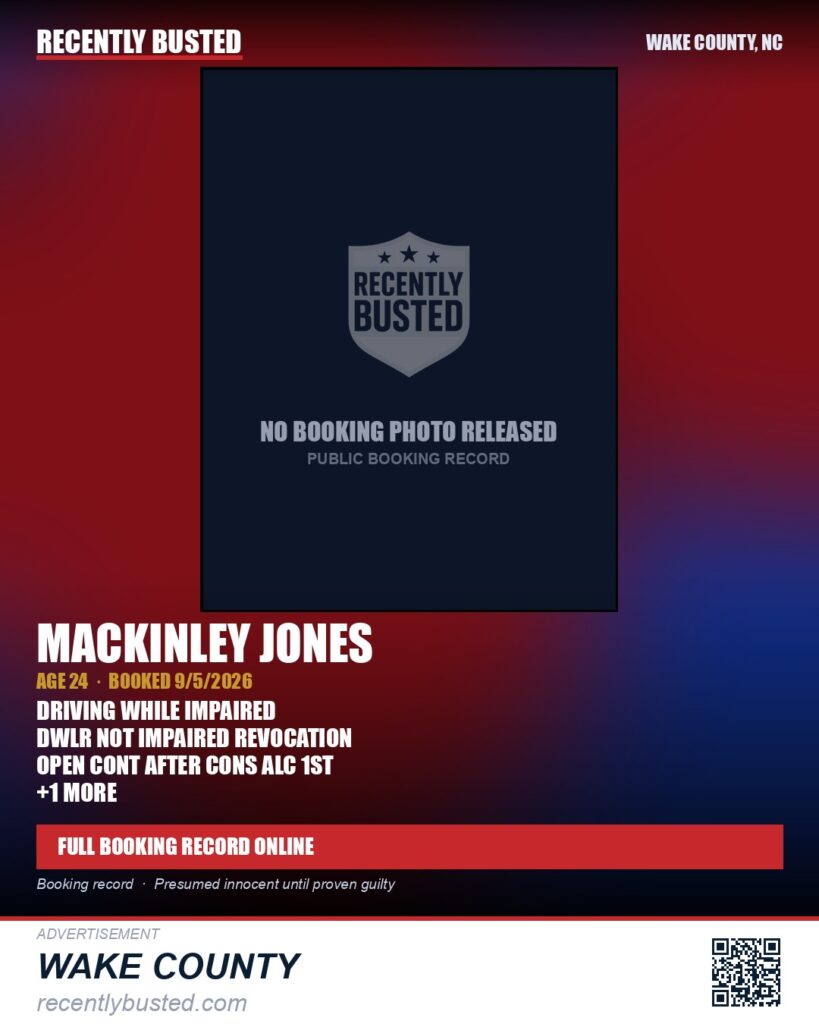 MACKINLEY JONES — arrest record card, Wake County, North Carolina