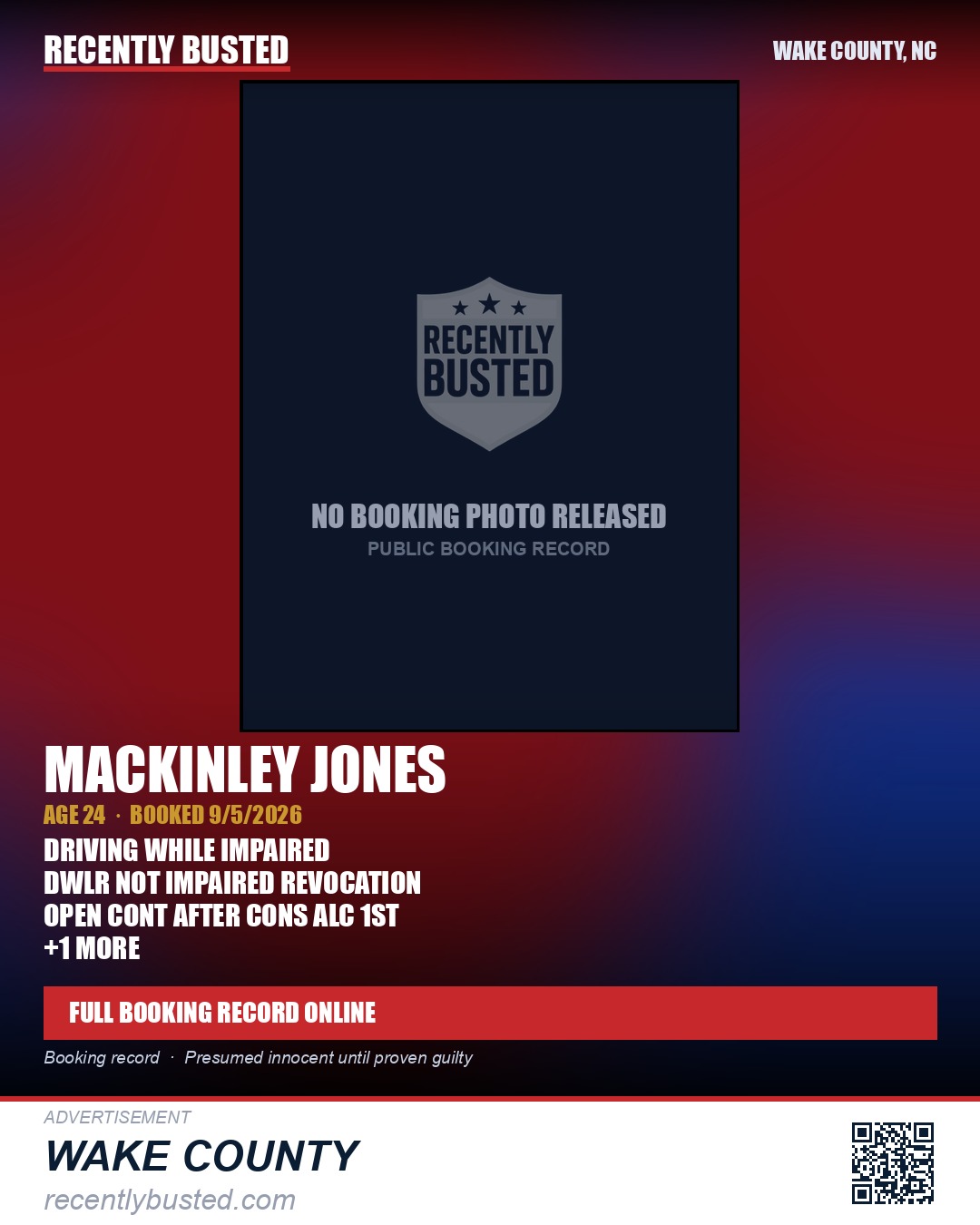 MACKINLEY JONES — arrest record card, Wake County, North Carolina