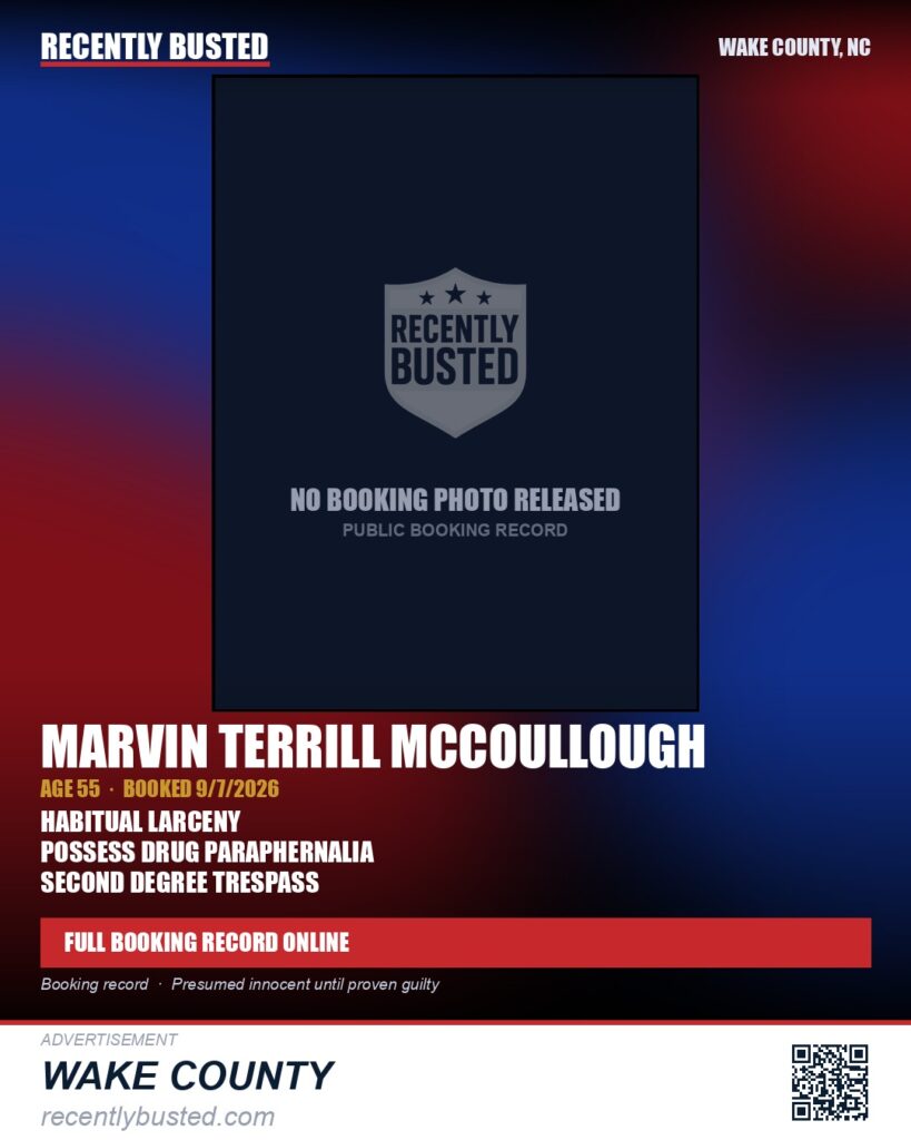 MARVIN TERRILL MCCOULLOUGH — arrest record card, Wake County, North Carolina