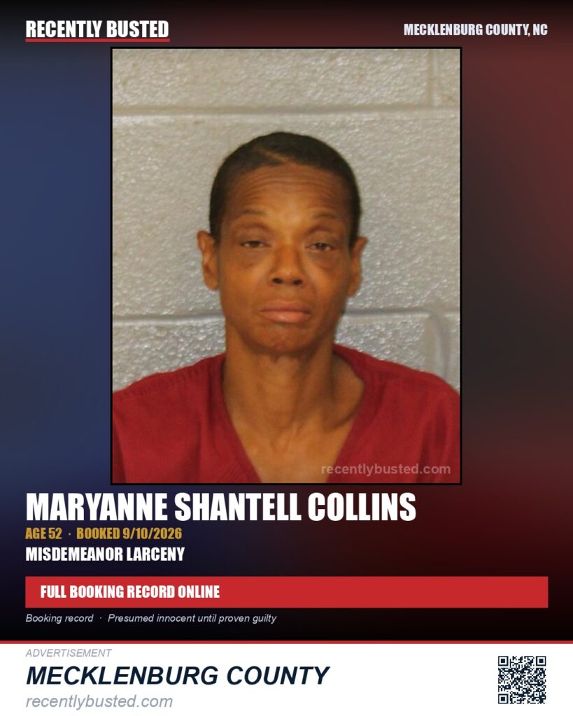 MARYANNE SHANTELL COLLINS — arrest record card, Mecklenburg County, North Carolina