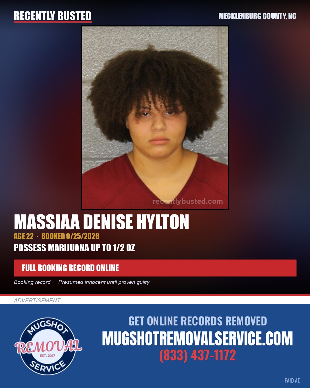 MASSIAA DENISE HYLTON — arrest record card, Mecklenburg County, North Carolina