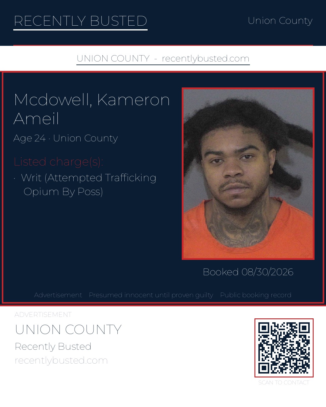 MCDOWELL, KAMERON AMEIL — arrest record card, Union County, North Carolina