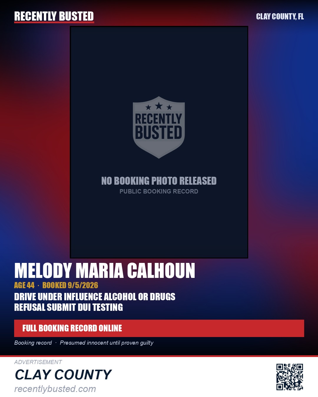 MELODY MARIA CALHOUN — arrest record card, Clay County, Florida