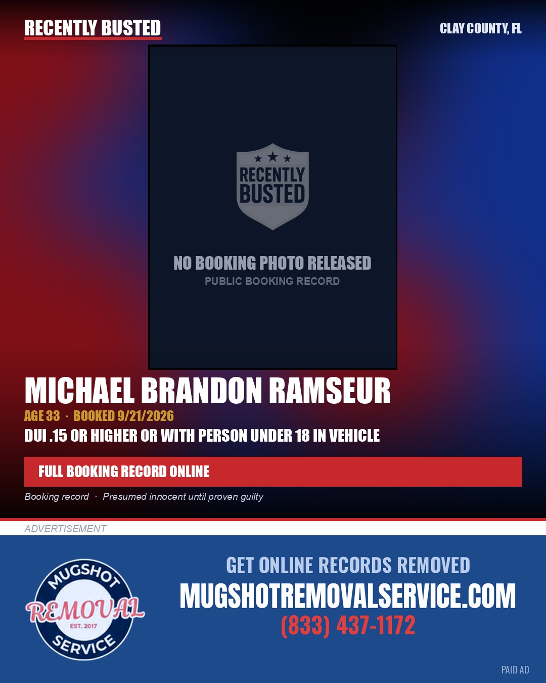 MICHAEL BRANDON RAMSEUR — arrest record card, Clay County, Florida