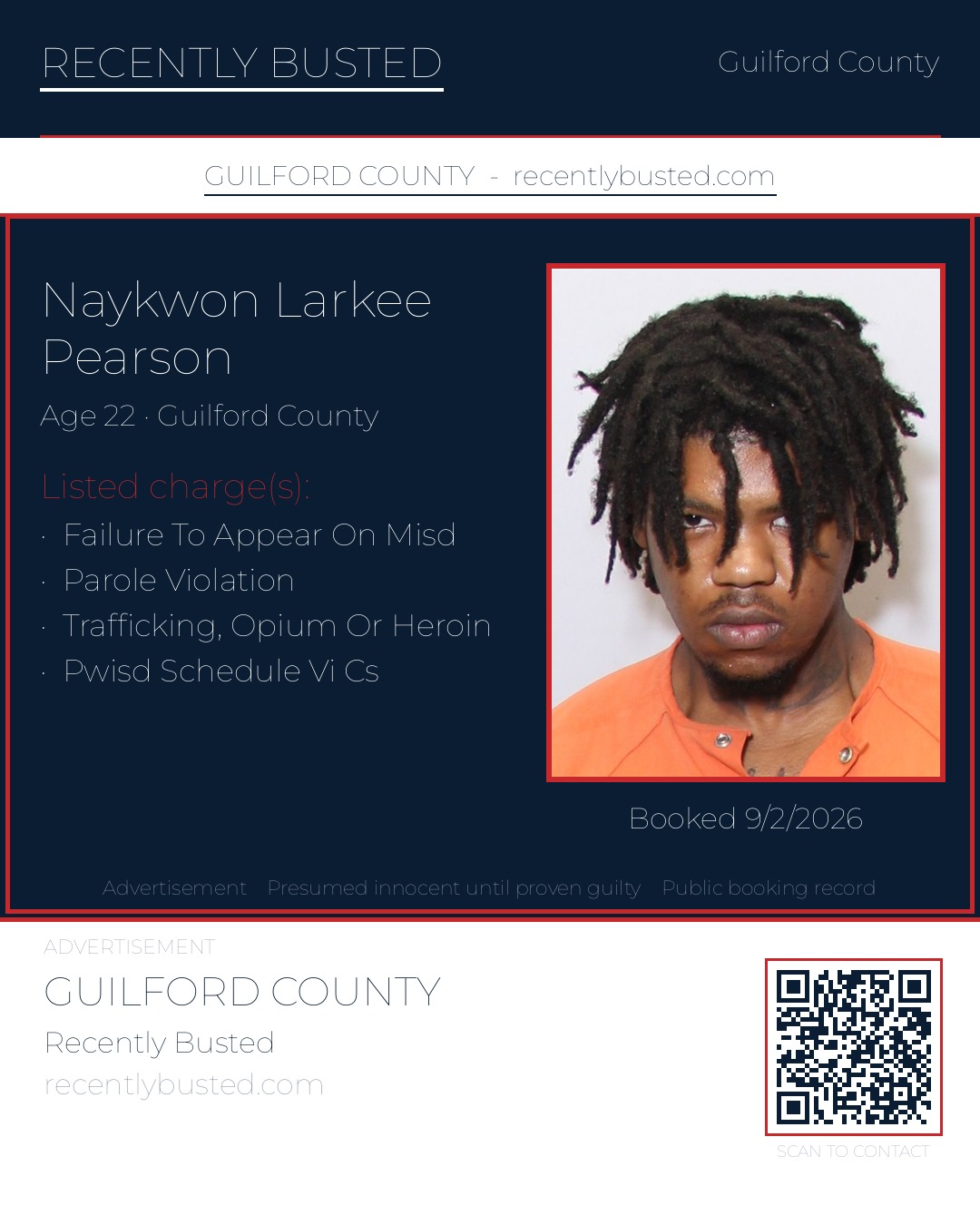 NAYKWON LARKEE PEARSON — arrest record card, Guilford County, North Carolina