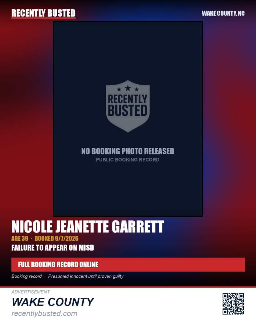 NICOLE JEANETTE GARRETT — arrest record card, Wake County, North Carolina