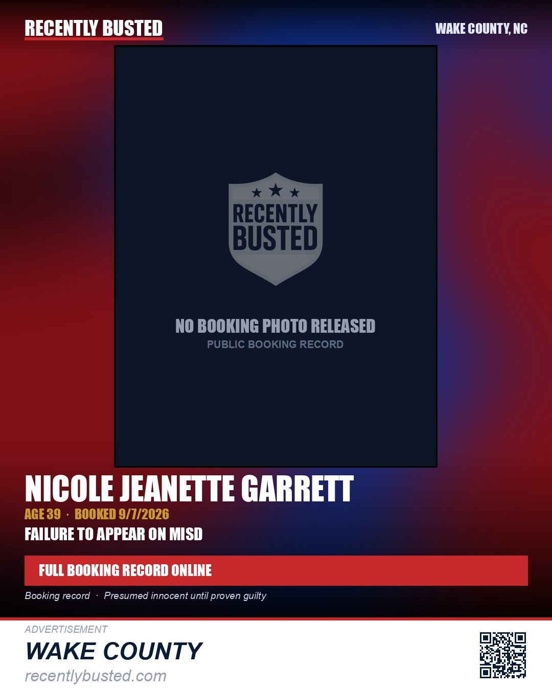 NICOLE JEANETTE GARRETT — arrest record card, Wake County, North Carolina