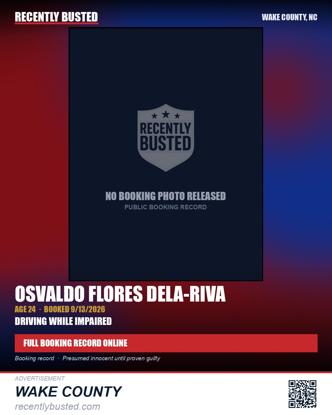 OSVALDO FLORES DELA-RIVA — arrest record card, Wake County, North Carolina