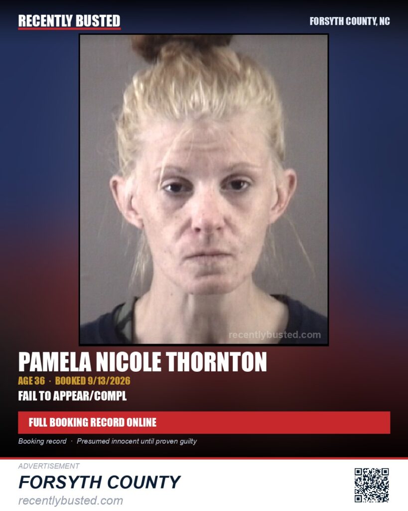 PAMELA NICOLE THORNTON — arrest record card, Forsyth County, North Carolina