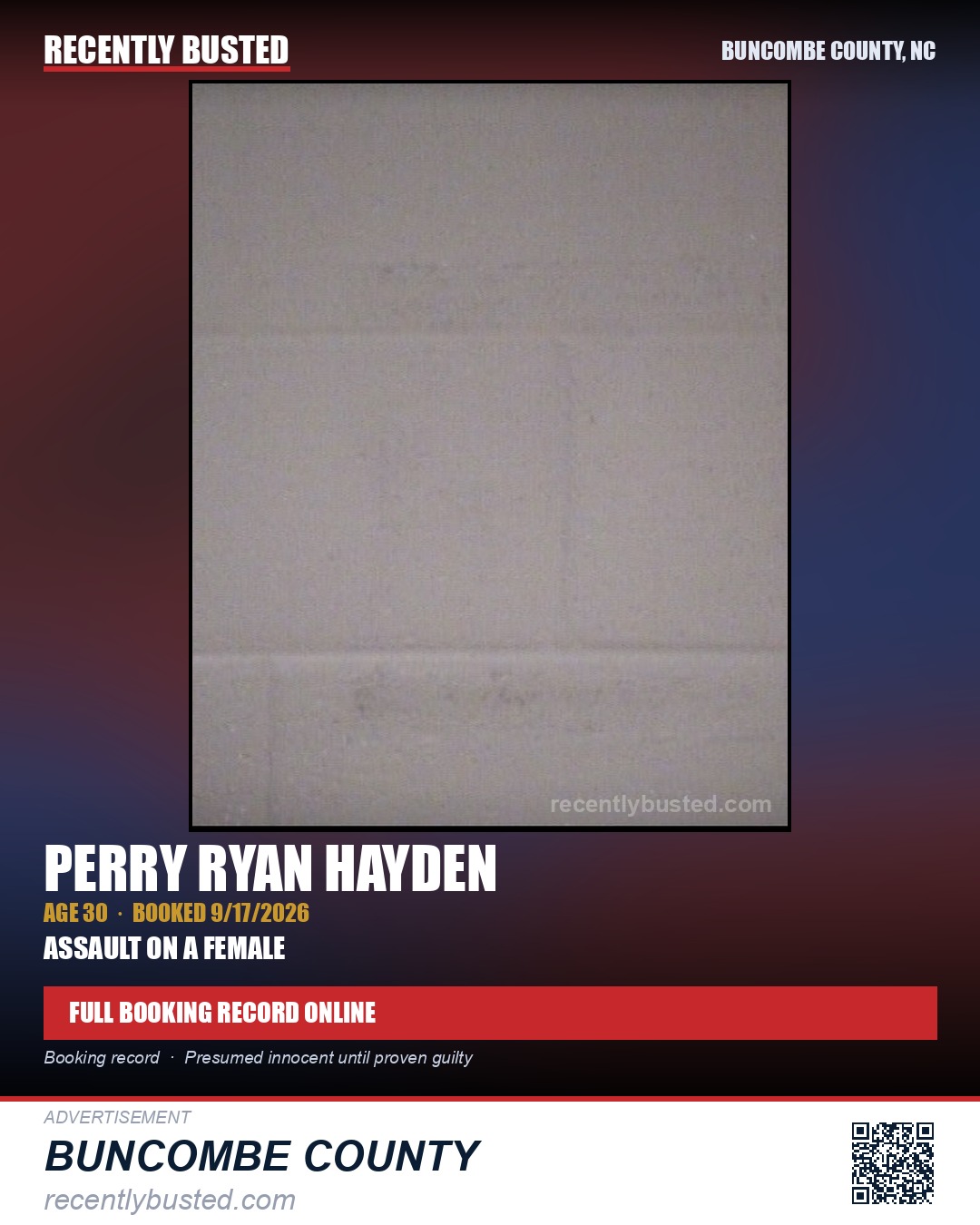 PERRY RYAN HAYDEN — arrest record card, Buncombe County, North Carolina