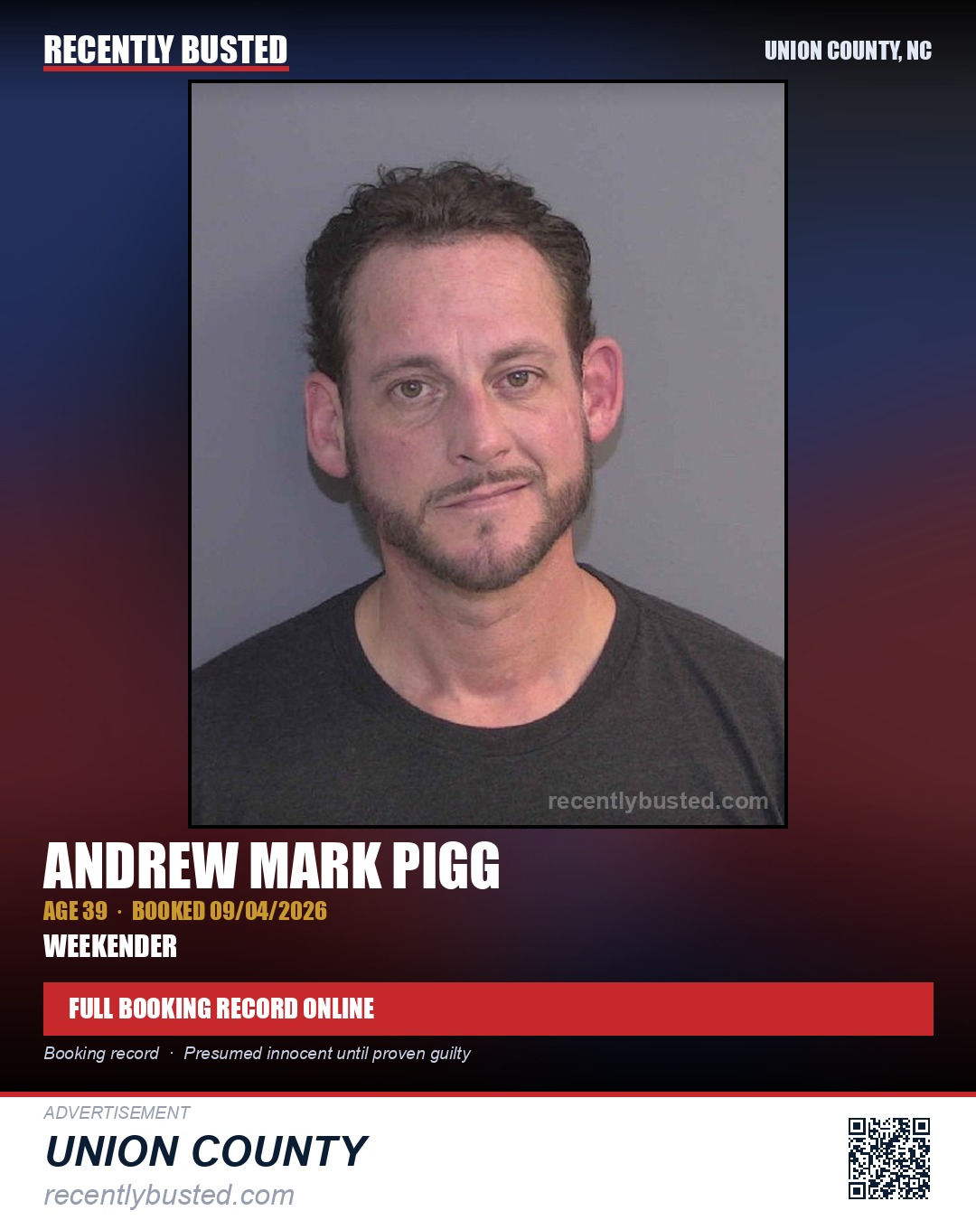 PIGG, ANDREW MARK — arrest record card, Union County, North Carolina