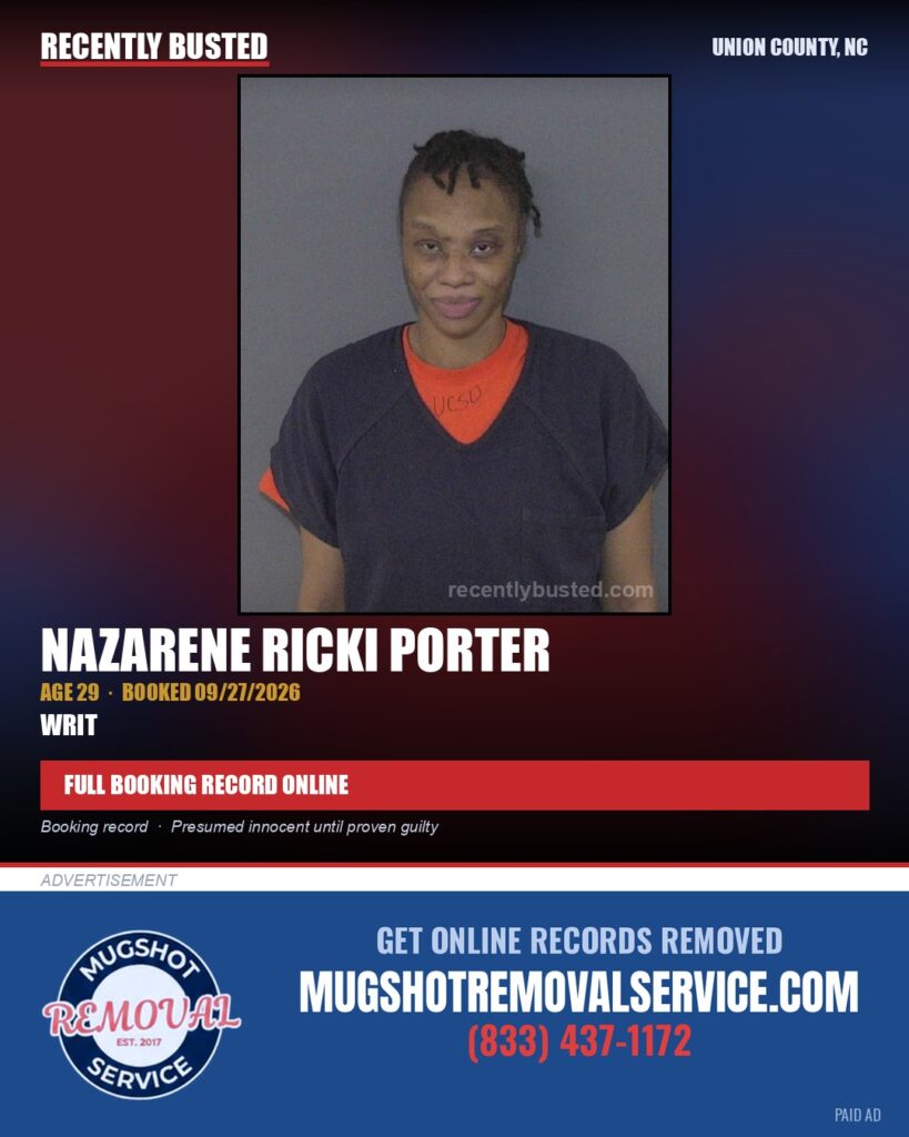 PORTER, NAZARENE RICKI — arrest record card, Union County, North Carolina