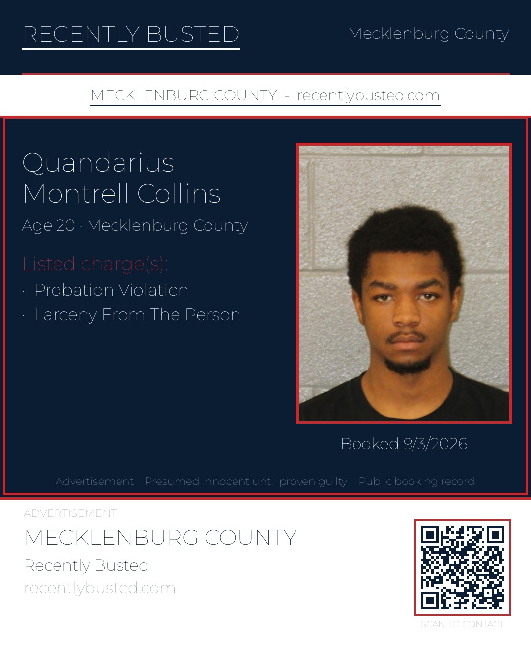 QUANDARIUS MONTRELL COLLINS — arrest record card, Mecklenburg County, North Carolina