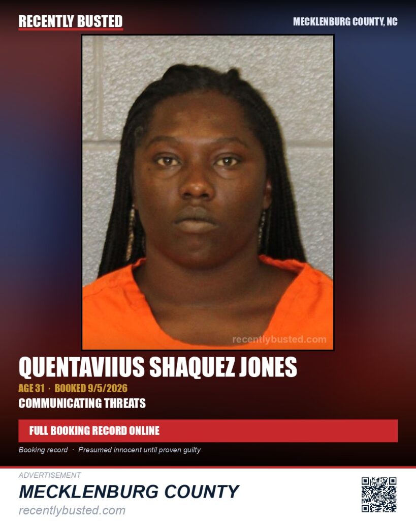 QUENTAVIIUS SHAQUEZ JONES — arrest record card, Mecklenburg County, North Carolina