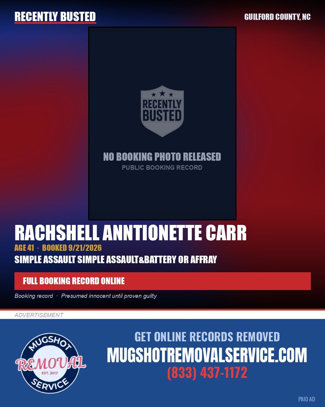 RACHSHELL ANNTIONETTE CARR — arrest record card, Guilford County, North Carolina