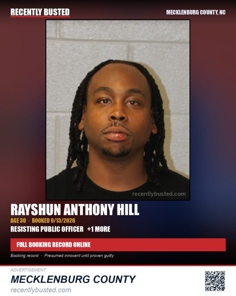RAYSHUN ANTHONY HILL — arrest record card, Mecklenburg County, North Carolina
