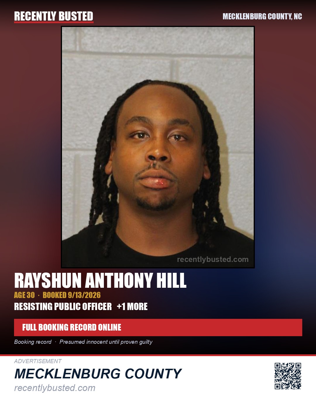 RAYSHUN ANTHONY HILL — arrest record card, Mecklenburg County, North Carolina