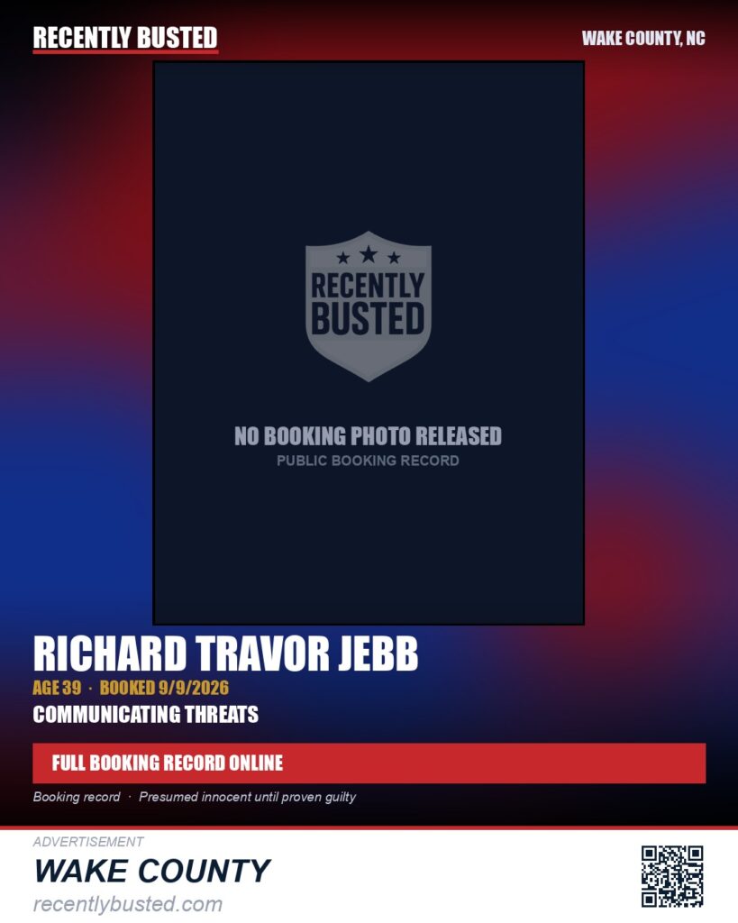 RICHARD TRAVOR JEBB — arrest record card, Wake County, North Carolina