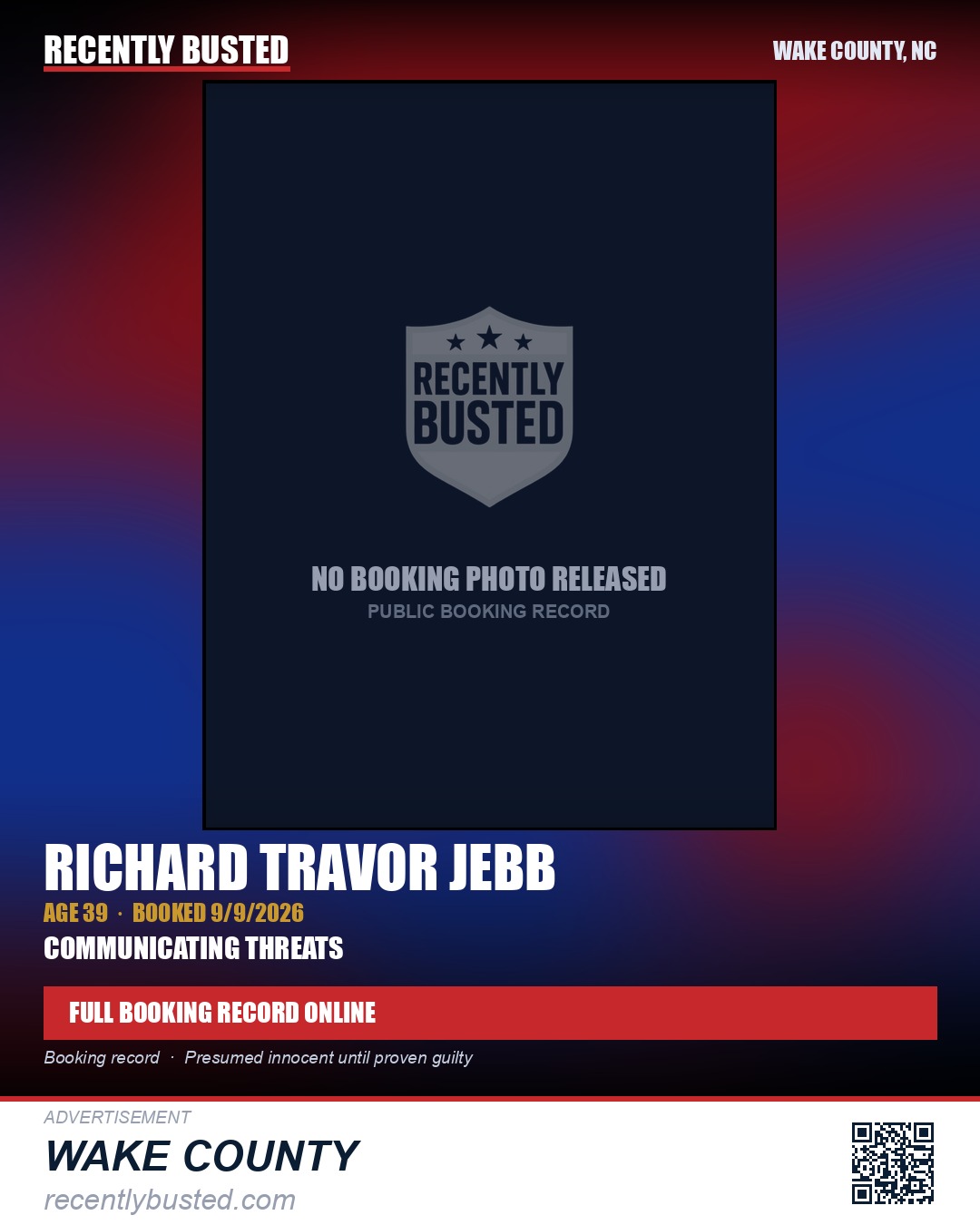 RICHARD TRAVOR JEBB — arrest record card, Wake County, North Carolina