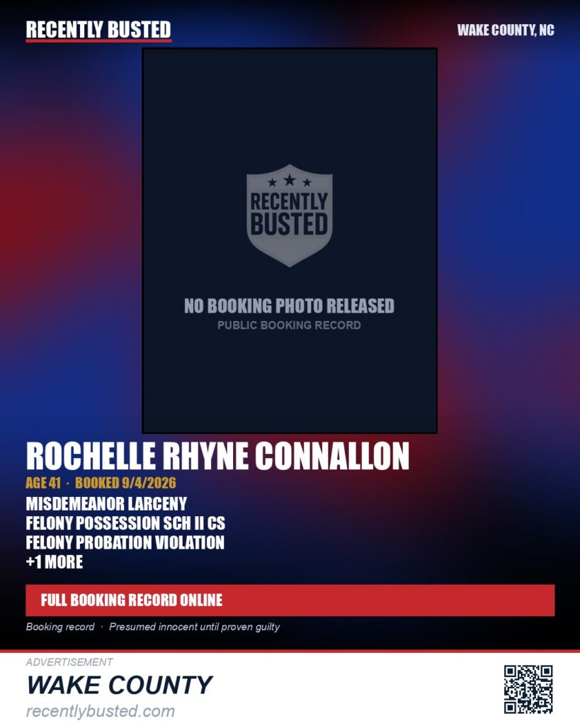 ROCHELLE RHYNE CONNALLON — arrest record card, Wake County, North Carolina