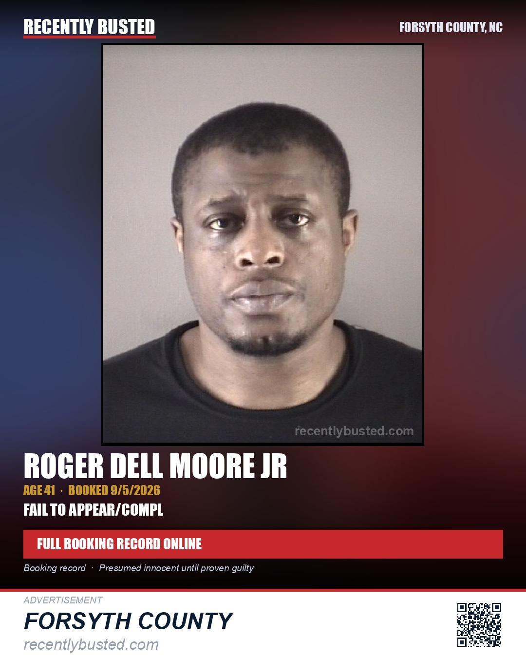 ROGER DELL MOORE JR — arrest record card, Forsyth County, North Carolina