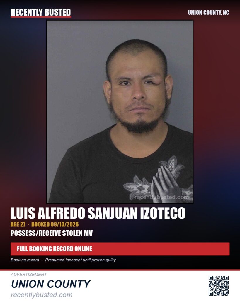 SANJUAN IZOTECO, LUIS ALFREDO — arrest record card, Union County, North Carolina