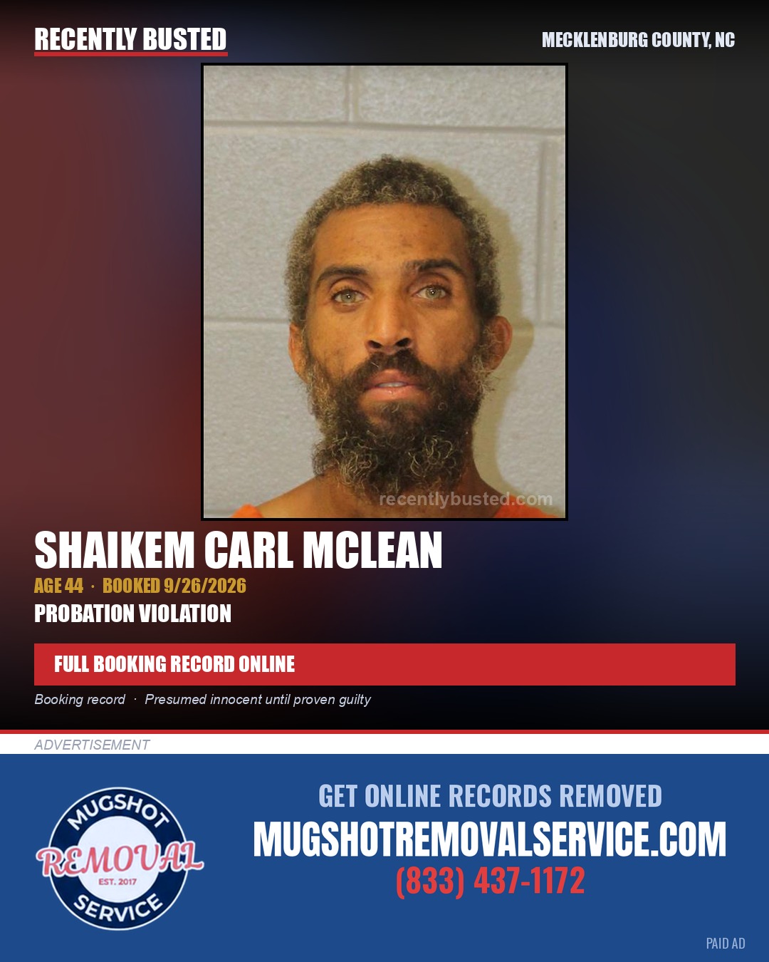 SHAIKEM CARL MCLEAN — arrest record card, Mecklenburg County, North Carolina