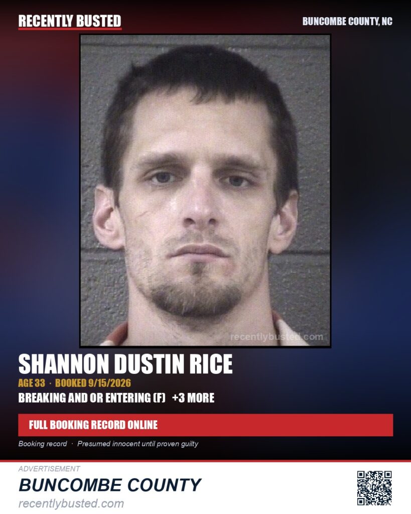 SHANNON DUSTIN RICE — arrest record card, Buncombe County, North Carolina