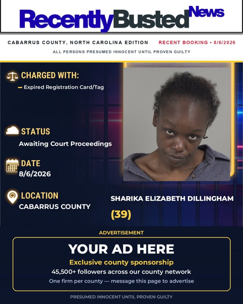 SHARIKA ELIZABETH DILLINGHAM — arrest record card, Cabarrus County