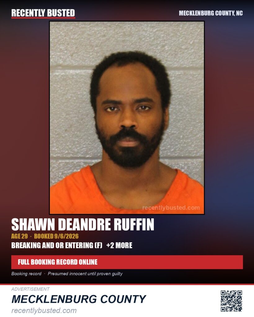 SHAWN DEANDRE RUFFIN — arrest record card, Mecklenburg County, North Carolina