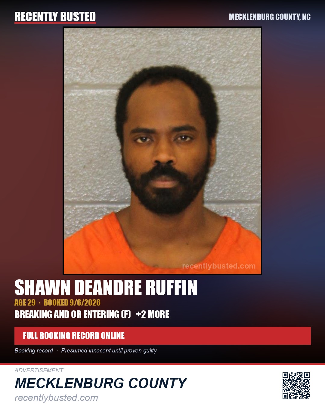 SHAWN DEANDRE RUFFIN — arrest record card, Mecklenburg County, North Carolina