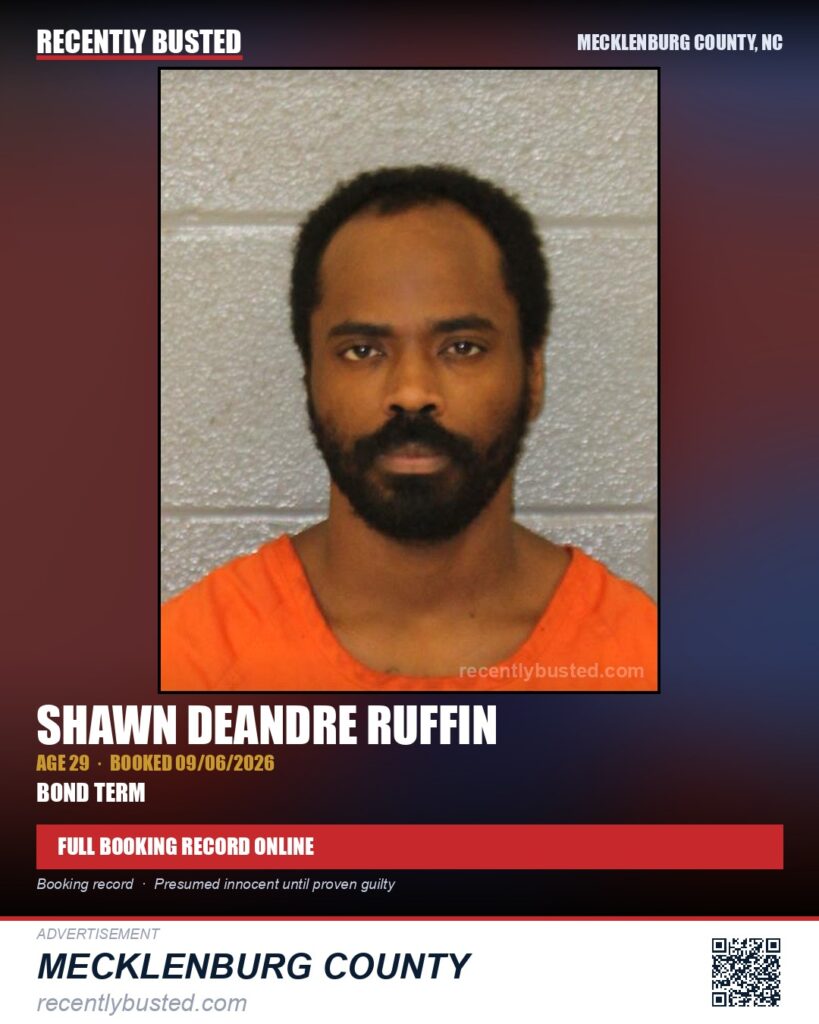 SHAWN DEANDRE RUFFIN — arrest record card, Mecklenburg County, North Carolina