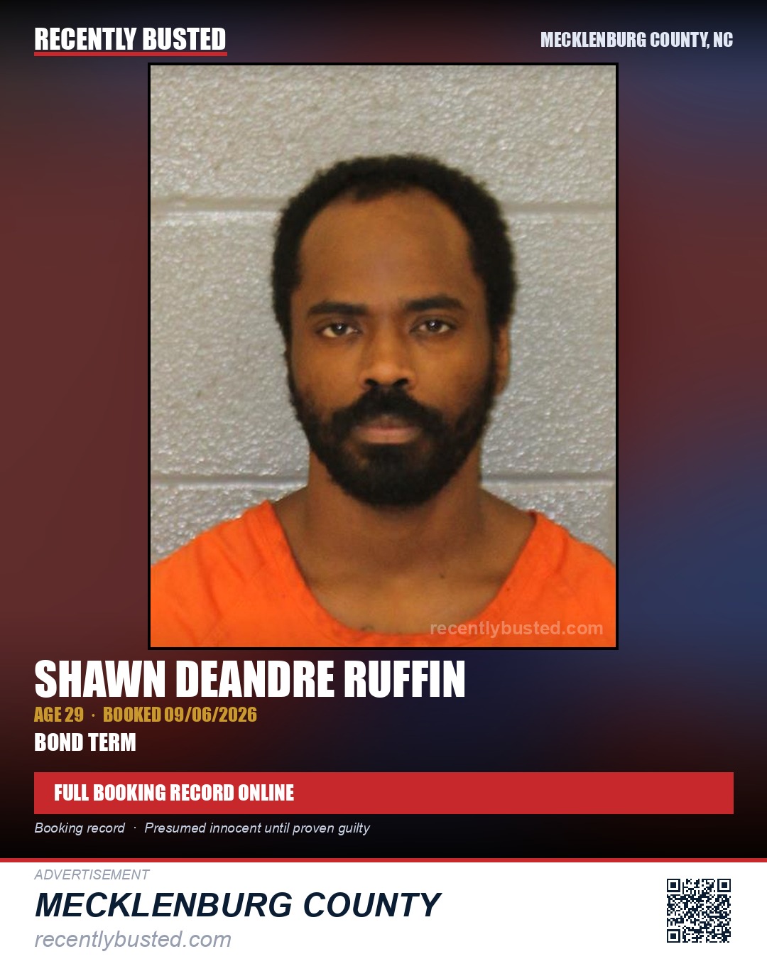 SHAWN DEANDRE RUFFIN — arrest record card, Mecklenburg County, North Carolina