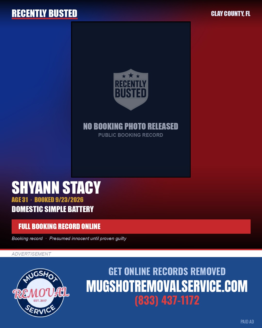 SHYANN STACY — arrest record card, Clay County, Florida