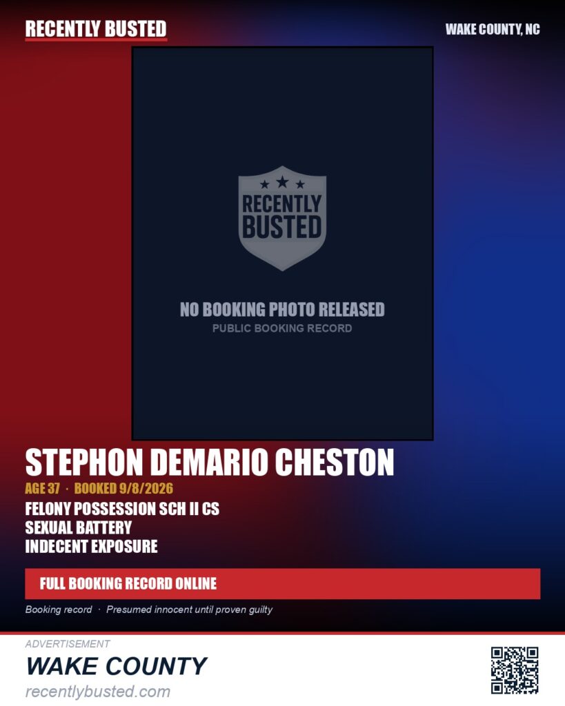 STEPHON DEMARIO CHESTON — arrest record card, Wake County, North Carolina