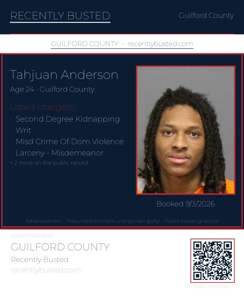 TAHJUAN ANDERSON — arrest record card, Guilford County, North Carolina