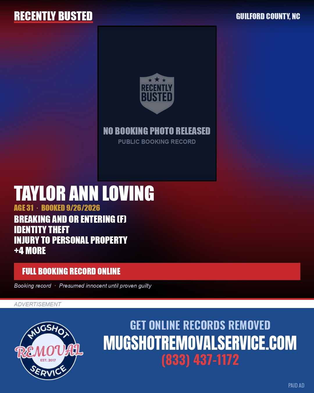 TAYLOR ANN LOVING — arrest record card, Guilford County, North Carolina
