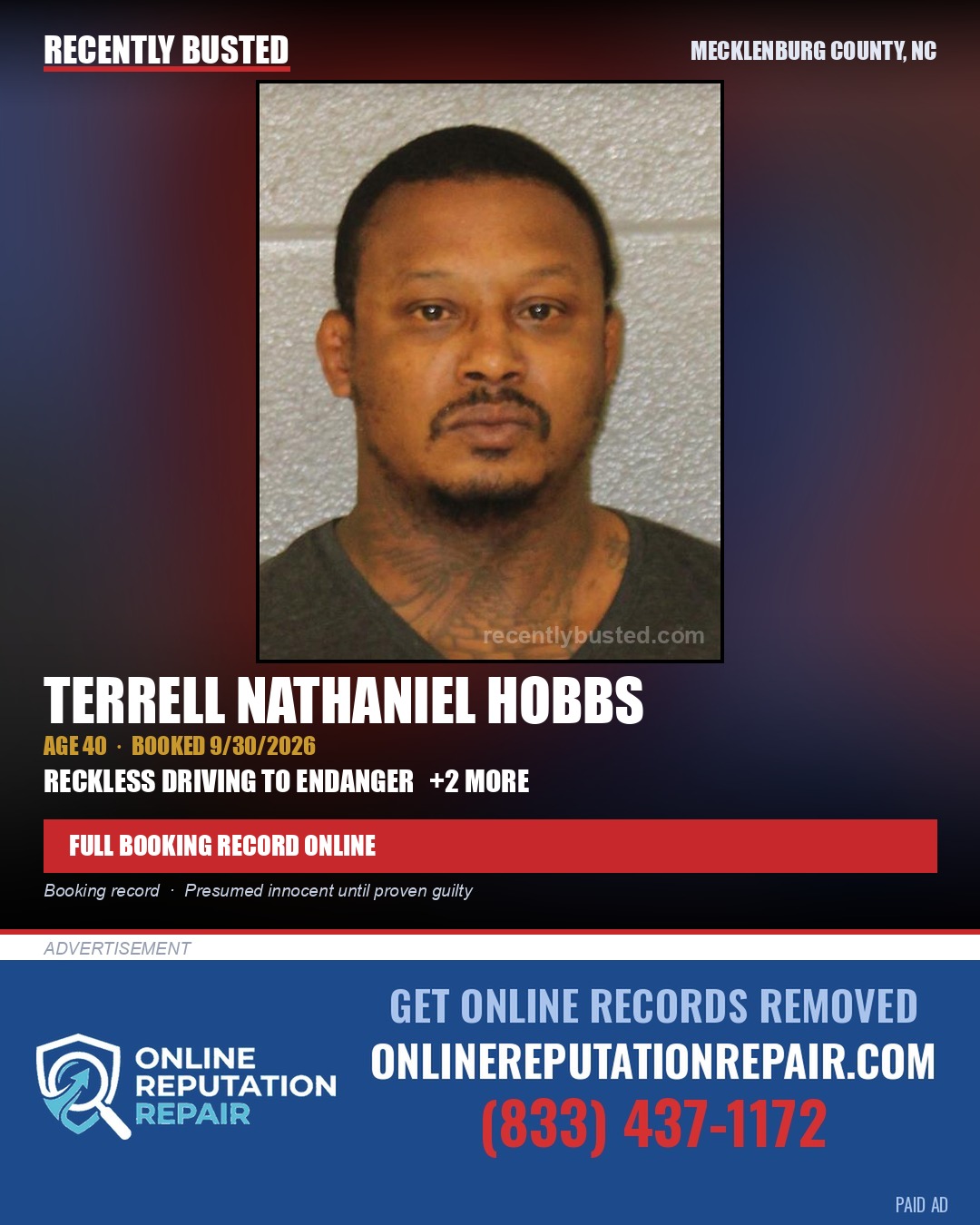 TERRELL NATHANIEL HOBBS — arrest record card, Mecklenburg County, North Carolina